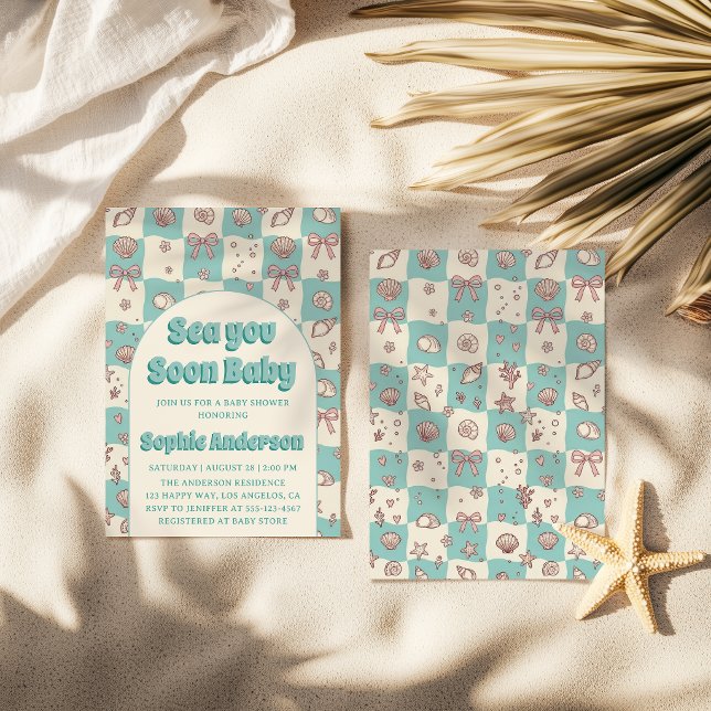 Teal Checkerboard Seashell Bow Baby Shower Einladung (Von Creator hochgeladen)