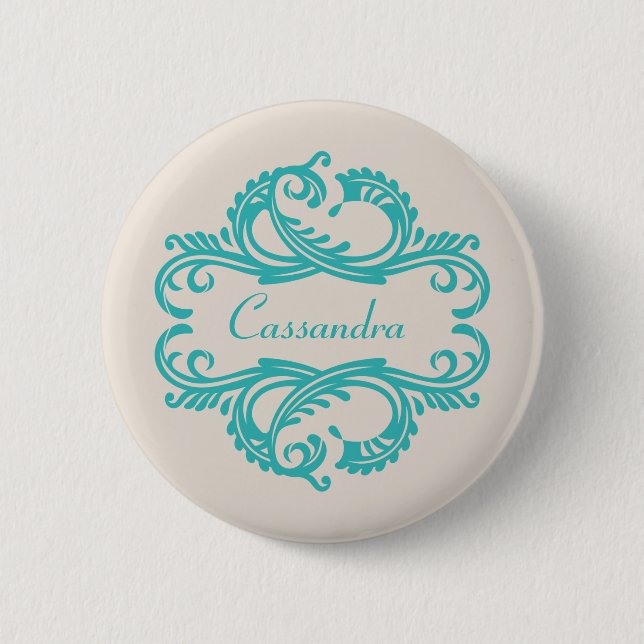 Teal Chic Damast-Knopf Button (Vorderseite)