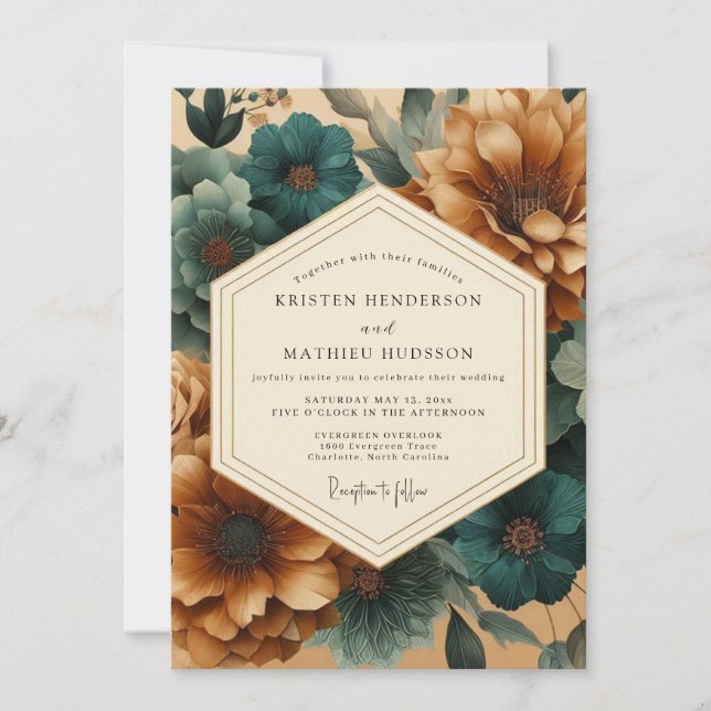 Teal Copperplate Flora Wedding Einladung (Vorderseite)