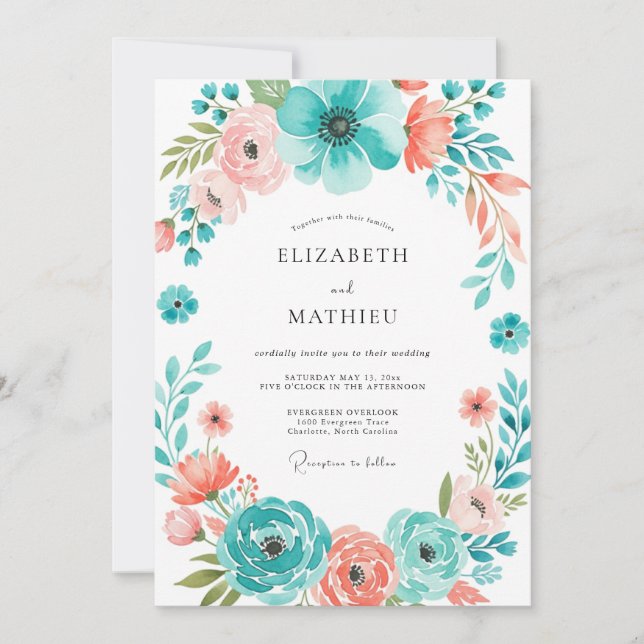 Teal Coral Botanical Bloom Wedding Einladung (Vorderseite)