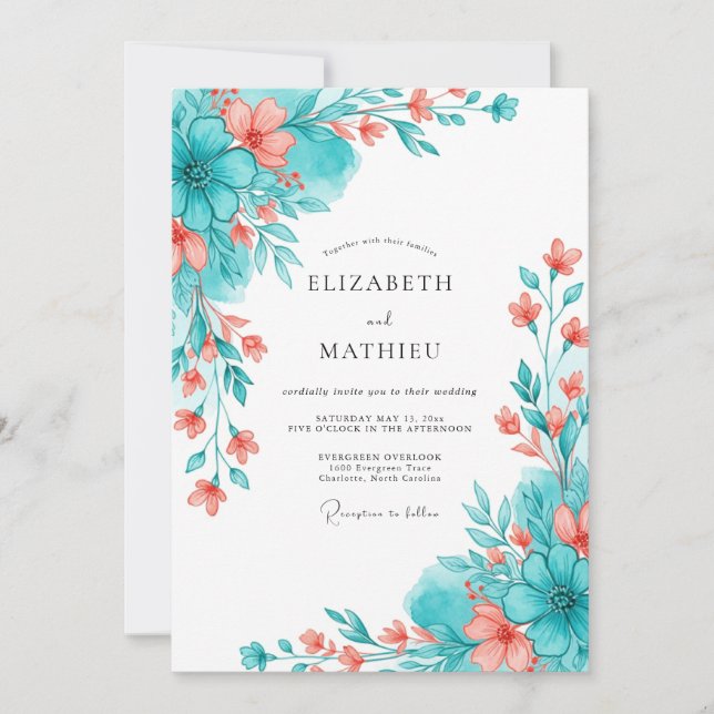 Teal Coral Botanical Romance Wedding Einladung (Vorderseite)