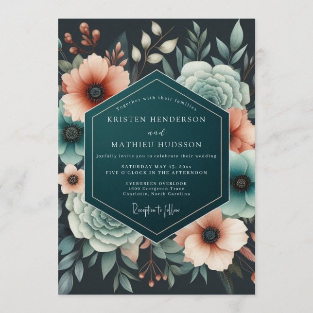 Teal Coral Eventide Wedding Einladung (Vorderseite)
