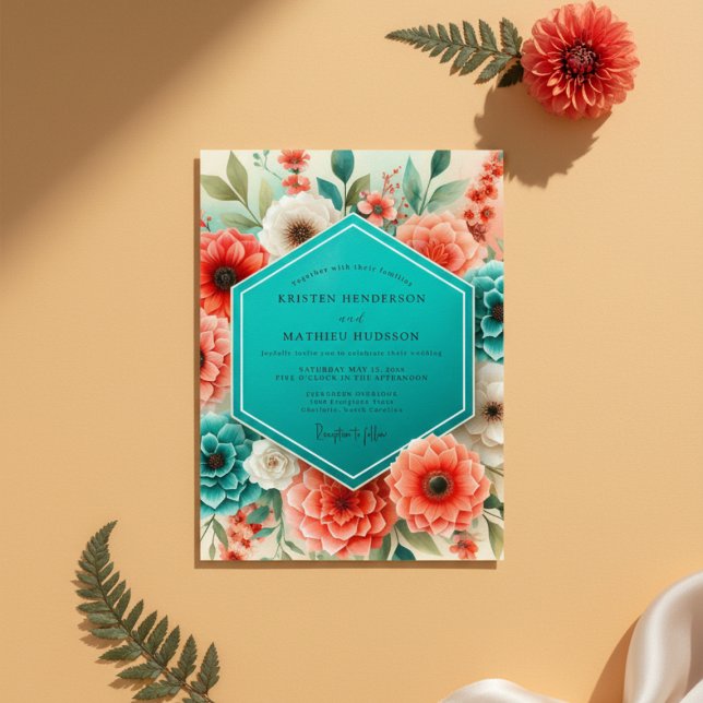 Teal Coral Floral Whimsy Wedding Einladung (Von Creator hochgeladen)