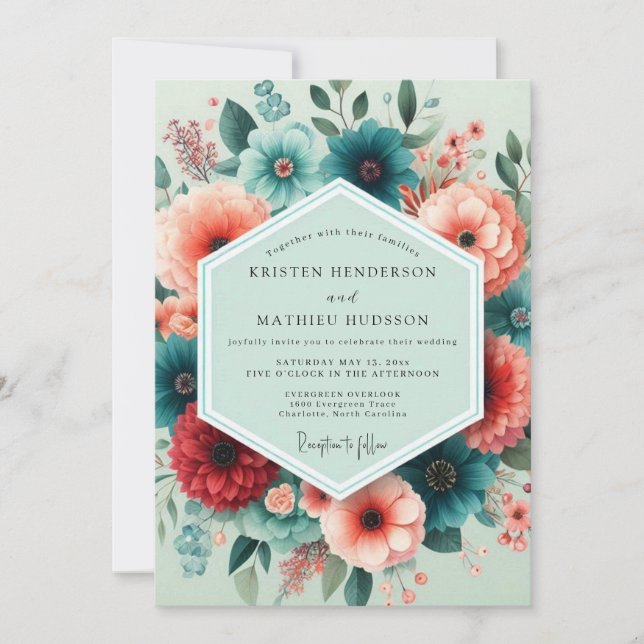 Teal Coral Flourish Wedding Einladung (Vorderseite)