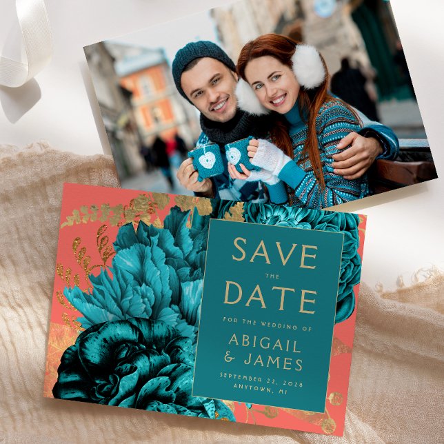 Teal Coral Gold Floral Photo Wedding Save the Date Einladung (Von Creator hochgeladen)