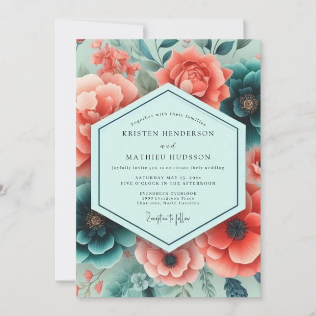 Teal Coral Rich Botanical Wedding Einladung (Vorderseite)