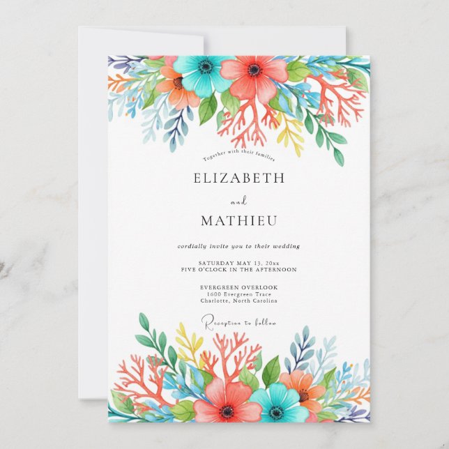 Teal Coral Whimsical Floral Wedding Einladung (Vorderseite)