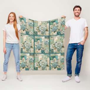 Teal Cottagecore Vintage Blumenquiltschema Fleecedecke
