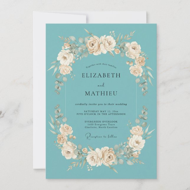 Teal Cream Bloom Flourish Hochzeit Einladung (Vorderseite)