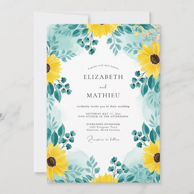 Teal Distinctive Sunflower Wedding Einladung (Vorderseite)