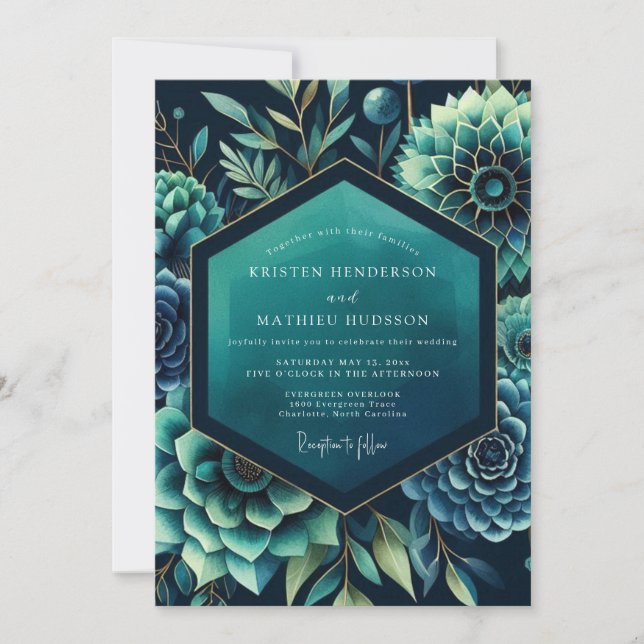 Teal Dramatic Botanical Wedding Einladung (Vorderseite)