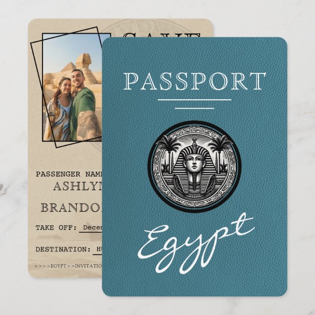 Teal Egypt Passport Wedding Save the Date (Vorne/Hinten)