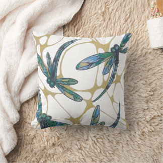 Teal & Emerald Dragonflies on Retro Yellow Groove Kissen
