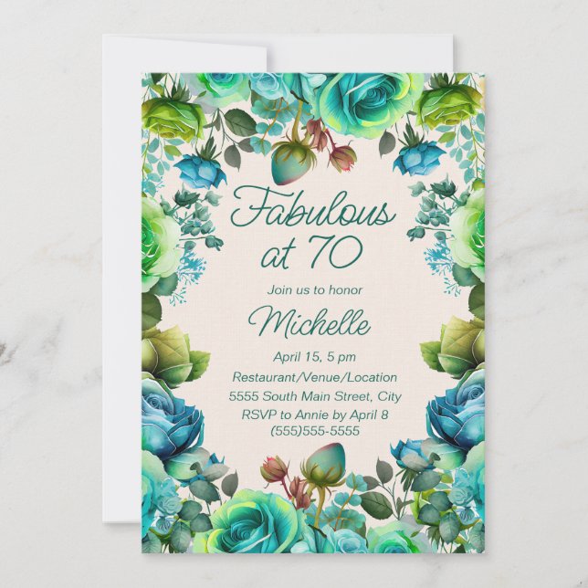 Teal Emerald Green Floral Fabulous 70 Birthday Einladung (Vorderseite)