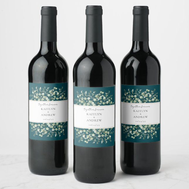 Teal Eucalyptus Together Forever Hochzeit  Weinetikett (Flaschen)
