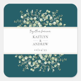 Teal Eucalyptus Together Forever Wedding  Quadratischer Aufkleber