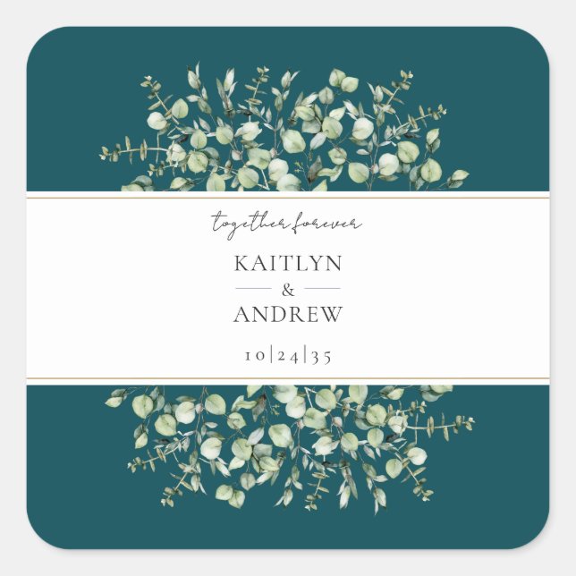 Teal Eucalyptus Together Forever Wedding  Quadratischer Aufkleber (Vorderseite)