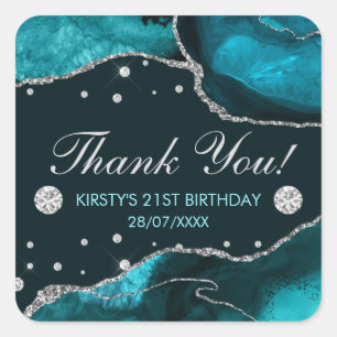 Teal & Faux-Silber-Glitter-Achat-Geburtstag Quadratischer Aufkleber