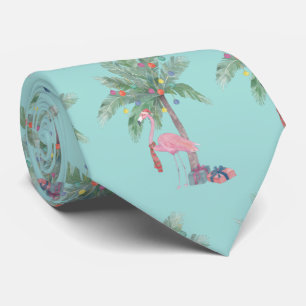 Teal-Flamingo mit Santa-Hut mit Palme und Lichtern Krawatte