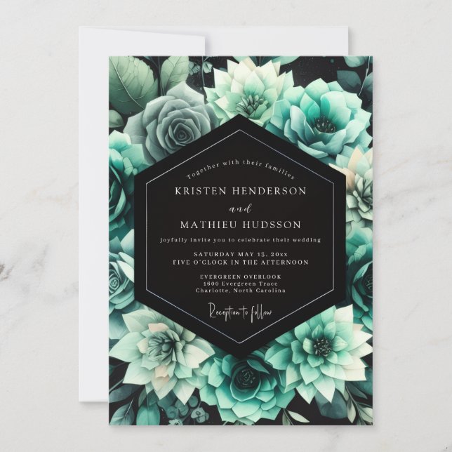 Teal Floral Bloom Wedding Einladung (Vorderseite)