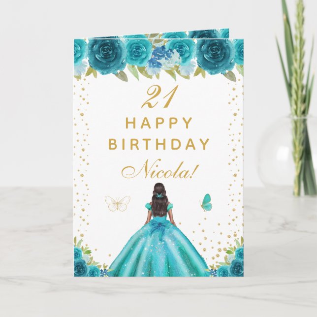 Teal Floral Dark Skin Girl Birthday Karte (Vorderseite)
