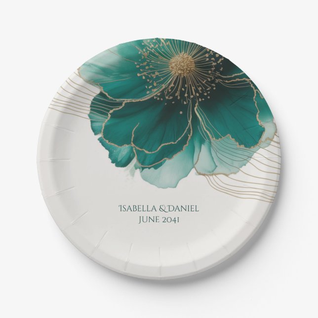 Teal Floral Gold Wedding Pappteller (Vorderseite)
