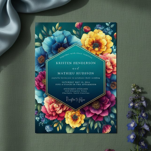Teal Floral Lush Romance Wedding Einladung (Von Creator hochgeladen)