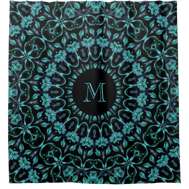 Teal Floral Mandala Monogram Duschvorhang (Vorderseite)