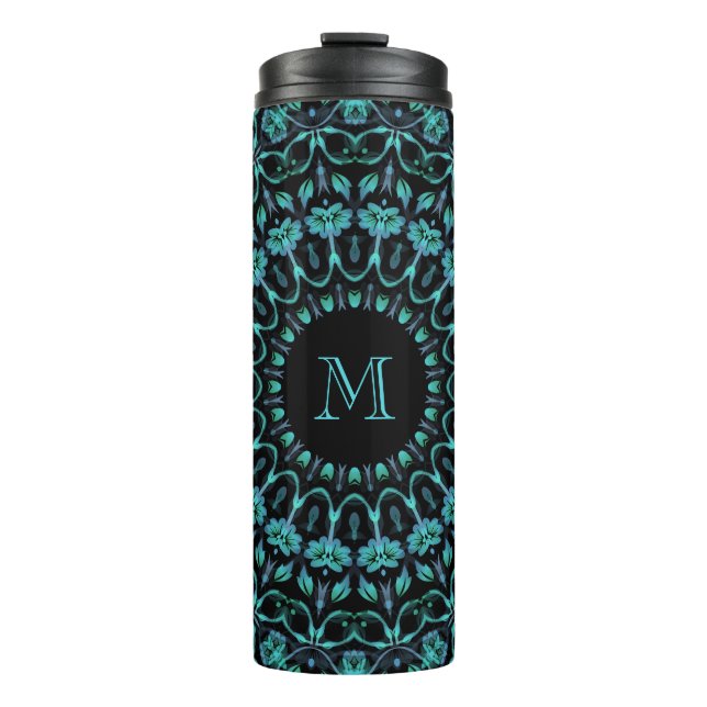 Teal Floral Mandala Monogram Thermosbecher (Vorderseite)