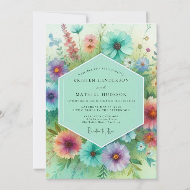 Teal Floral Meadow Wedding Einladung (Vorderseite)
