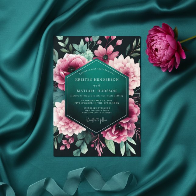 Teal Floral Nocturne Wedding Einladung (Von Creator hochgeladen)