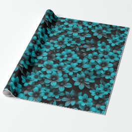 Teal Floral Wrapping Paper on Black Geschenkpapier