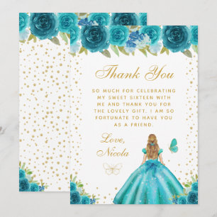 Teal Florale Blondhaar Prinzessin Sweet Sixteen Dankeskarte