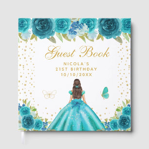Teal Florale Braunhaarige Prinzessin Geburtstagsfe Gästebuch