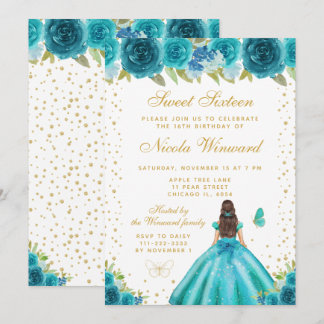 Teal Florale Braunhaarige Prinzessin Sweet Sixteen Einladung