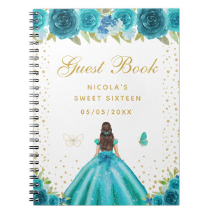 Teal Florale Braunhaarige Prinzessin Sweet Sixteen Notizblock