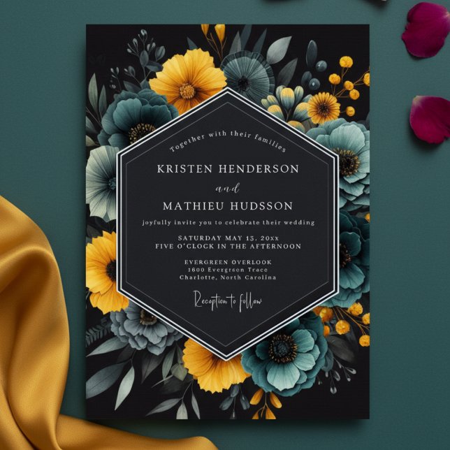 Teal Florale Kunst Hochzeit Einladung (Von Creator hochgeladen)
