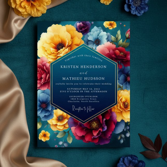 Teal Florale Luxus-Hochzeit Einladung (Von Creator hochgeladen)