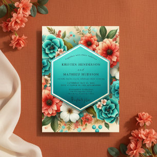 Teal Florale Opulente Romantik-Hochzeit Einladung