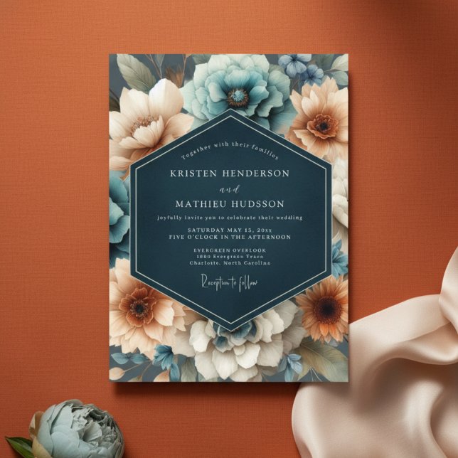 Teal Florale Romantik-Hochzeit Einladung (Von Creator hochgeladen)