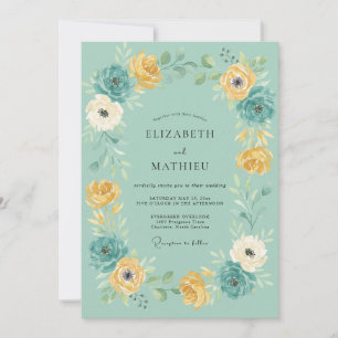 Teal Florale Wiesenhochzeit Einladung