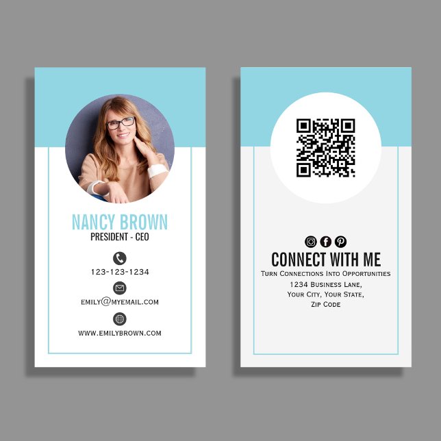 Teal-Foto-QR-Code Verbinde Dich Mit Mir Minimalist Visitenkarte (Modern teal QR code photo design makes it easy to connect, share contact info, and stand out.)