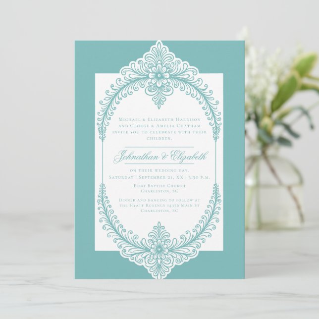 Teal French Flourish Frame Wedding Einladung (Stehend Vorderseite)