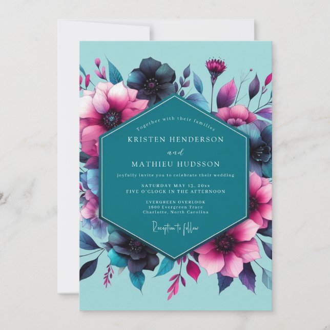 Teal Fuchsia Moody Bloom Wedding Einladung (Vorderseite)