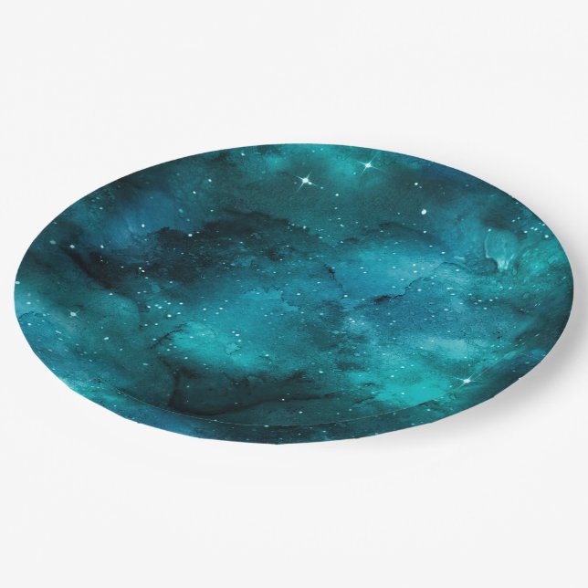 Teal Galaxy Series Design 7 Pappteller (Schrägansicht)
