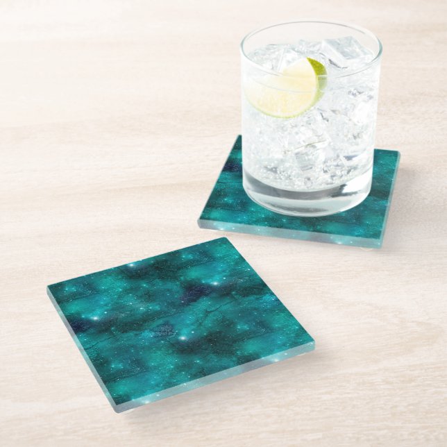 Teal Galaxy Series Design 8 Glasuntersetzer (Schrägansicht)