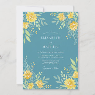 Teal Gelbe Blütenromanze Hochzeit Einladung