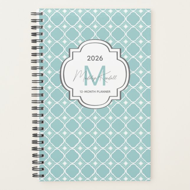 Teal Geometric Pattern Custom Monogram Name Planer (Vorderseite)