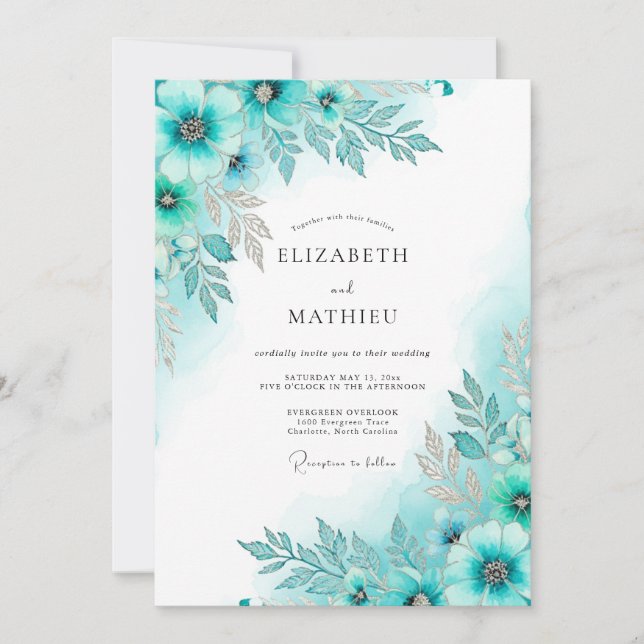 Teal Glaziale Botanische Winterhochzeit Einladung (Vorderseite)
