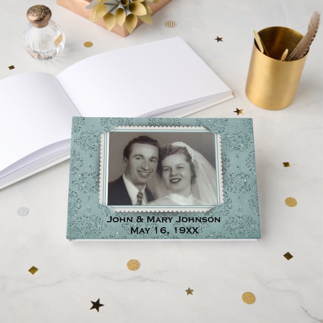 Teal Glitter Damask with Photo Frame Guest Book Gästebuch (Vorderseite Offen)